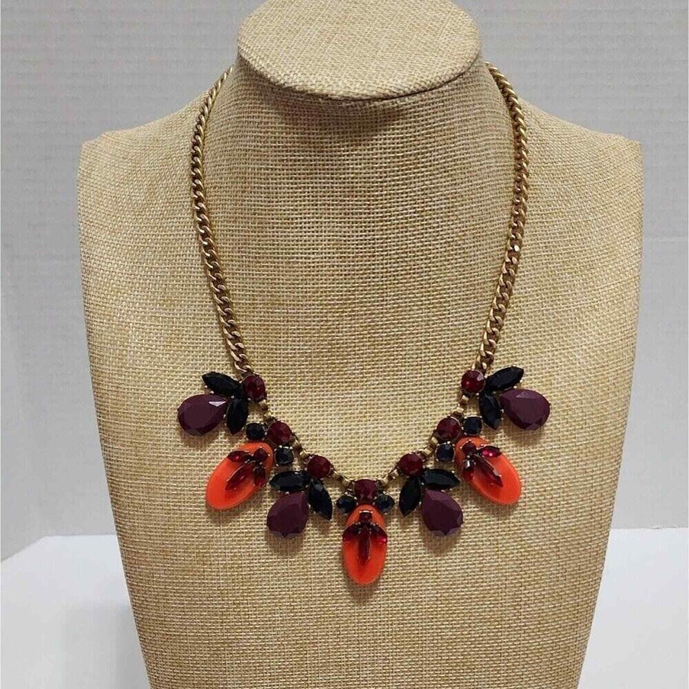 J. Crew Statement Bib Necklace Gold Tone Orange Plum Red Crystal Cluster